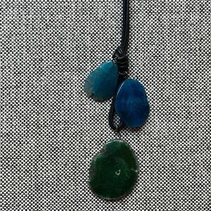 Handmade Blue and Green Stone Necklace with brown cord , Made in Athens, Greece
